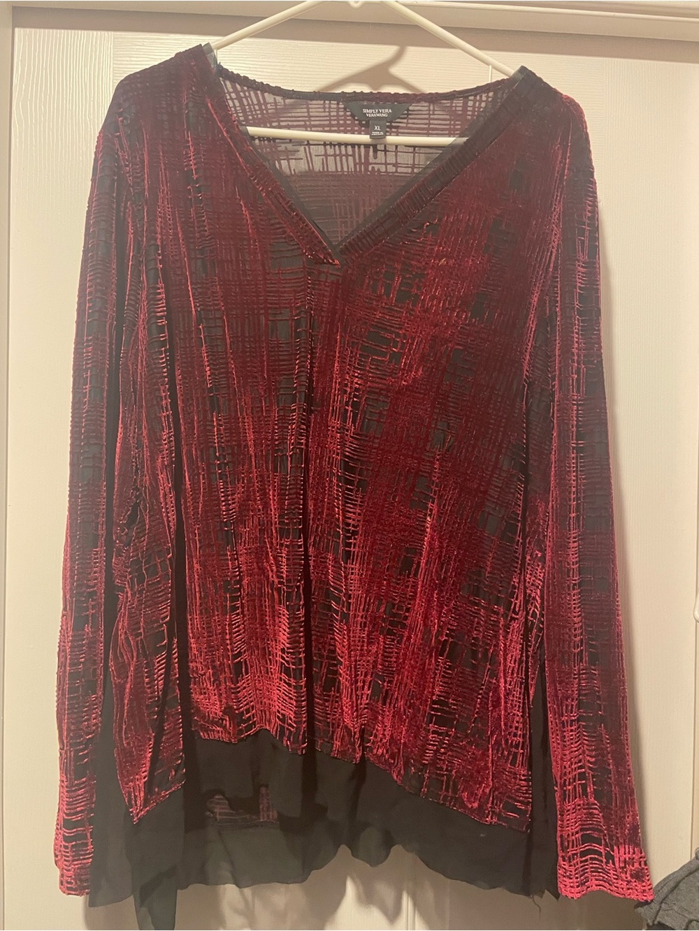 Simply Vera Vera Wang Red Crushed Velvet V-Neck Layered Long Sleeve Top
